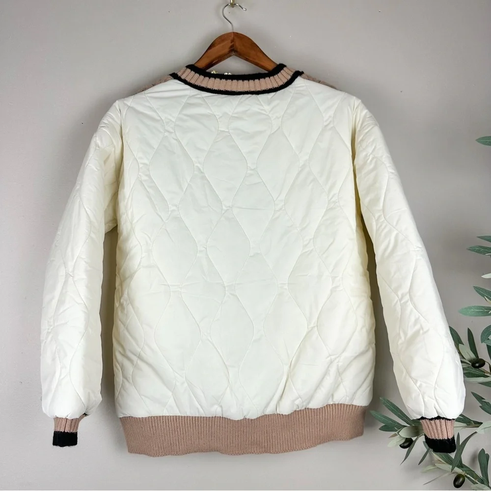 POLAGRAM Women's Braided Harmony Button Quilted Cardigan Bomber Jacket Beige Tan